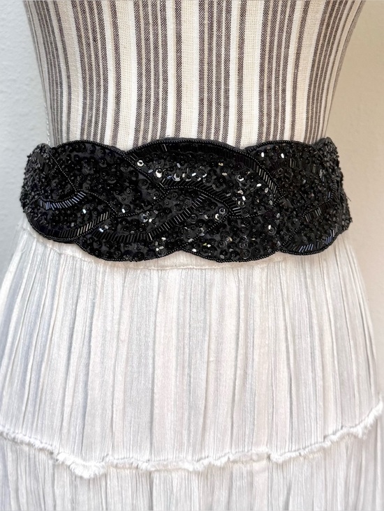 Vintage Black Sequin Stretch Waist Belt 80s Beaded Glam Whimsigoth Waist Cincher